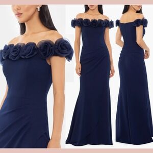 NEW‎ $288 XSCAPE [ 10 ] Floral Appliqué Off the Shoulder Gown Navy Blue #Q1177